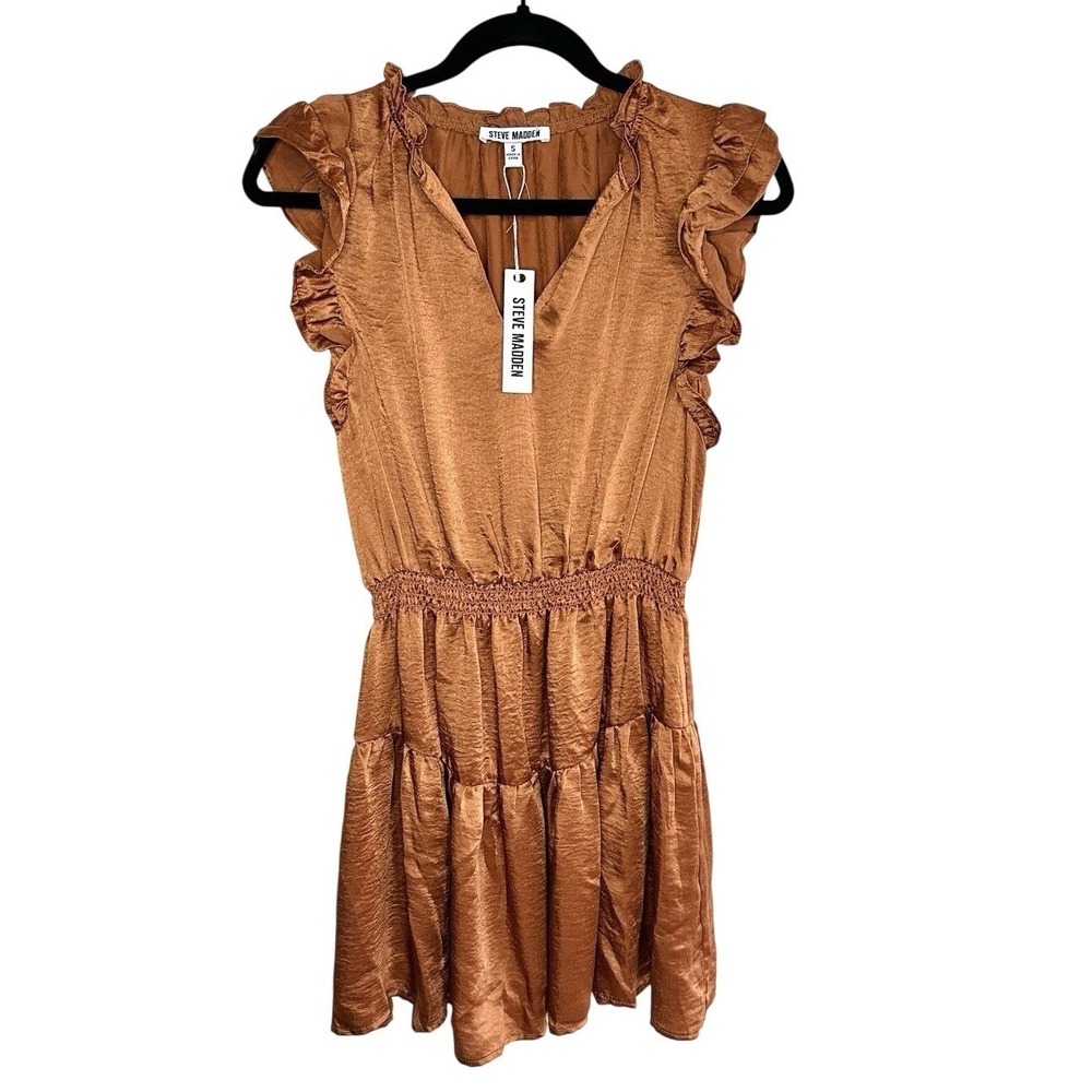 NWT Steve Madden Prairie Dreams Miniβ Dress Apricot Satin Ruffle Smocked Small S